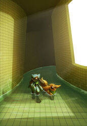  ambiguous_gender applecharmstarhorse-acsh backrooms black_body black_fur blue_body blue_fur bodily_fluids brown_body brown_fur duo eevee eeveelution feral floor fur generation_1_pokemon generation_4_pokemon hi_res kerchief light light_beam mane nintendo partially_submerged pokemon pokemon_(species) pokemon_mystery_dungeon poolrooms red_eyes riolu signature spike_chunsoft sunbeam sunlight sweat sweatdrop tan_body tan_fur tile tile_floor tile_wall walking wall_(structure) water window 