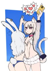 2girls animal_ears arm_up ass bikini blue_background blue_bikini border breasts cat_ears cat_tail cellphone commission cowboy_shot empty_eyes expressionless frilled_bikini frills grey_hair heart holding holding_phone jacket jarael_(rayer) long_hair medium_hair mole mole_under_eye multiple_girls open_clothes open_jacket original phone rabbit_ears rabbit_girl rabbit_tail see-through_clothes see-through_jacket small_breasts smartphone softhanten spoken_heart swimsuit tail thighs white_bikini white_border 