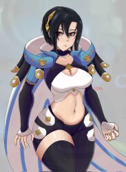  asymmetrical_clothes asymmetrical_pants black_bridal_gauntlets black_hair black_leggings black_pants bridal_gauntlets clothing_cutout crop_top female fire_emblem fire_emblem_engage highres laeggang leg_cutout leggings midriff nel_(fire_emblem) pants red_eyes sage_outfit_(fire_emblem_engage) single_pantsleg stomach_cutout 