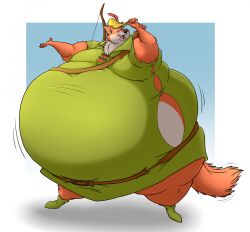 2025 anthro arrow_(weapon) belly belt big_belly bow_(weapon) canid canine claws clothed clothing disney fangs footwear fox fur green_clothing hat hat_feather headgear headwear hectorthewolf hi_res huge_belly hyper hyper_belly looking_at_viewer loose_feather male mammal morbidly_obese morbidly_obese_anthro morbidly_obese_male obese obese_anthro obese_male one_eye_closed open_mouth overweight overweight_anthro overweight_male quiver_(object) ranged_weapon robin_hood robin_hood_(disney) shirt smile smiling_at_viewer solo standing tail teeth thick_thighs tongue topwear torn_clothing tunic weapon wide_hips wink winking_at_viewer 