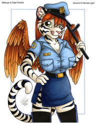  anthro belt big_breasts billy_club bottomwear breasts button_(fastener) cleavage clothed clothing feathered_wings feathers felid female female_anthro fur green_eyes hat headgear headwear legwear licking licking_lips licking_own_lips looking_at_viewer mammal markings michele_light pantherine pink_nose police police_uniform skirt solo straining_buttons striped_body striped_fur striped_markings striped_tail stripes tail tail_markings thigh_highs tiger tongue tongue_out uniform white_body white_fur wings 