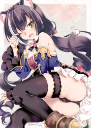  animal_ears ass bare_shoulders black_hair black_panties black_thighhighs boots cat_ears cat_girl cat_tail commentary_request detached_sleeves female green_eyes highres karyl_(princess_connect!) long_hair looking_at_viewer low_twintails one_eye_closed panties princess_connect! solo tail thigh_strap thighhighs twintails underwear yano_takumi 
