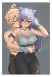  1boy aether_(genshin_impact) ahoge alternate_costume alternate_hair_length alternate_hairstyle armband bare_shoulders black_leggings blonde_hair border breasts brown_pants cleavage closed_eyes closed_mouth commentary cone_hair_bun couple covered_nipples cowboy_shot double_bun female genshin_impact gloves grey_background grey_gloves grey_sports_bra hair_between_eyes hair_bun hair_ribbon hand_on_another&#039;s_wrist hand_up high-waist_pants highres hug hug_from_behind interlocked_fingers keqing_(genshin_impact) large_breasts leggings long_hair looking_at_viewer open_mouth own_hands_clasped own_hands_together pants purple_armband purple_eyes purple_hair ribbon short_hair simple_background sports_bra straight sweat sweaty_clothes topless_male valenthania white_border 