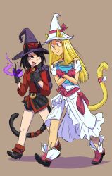  5_fingers 8chan accessory alunya animal_humanoid big_eyes black_body black_boots black_clothing black_footwear black_fur black_gloves black_hair black_handwear blonde_hair book boots breasts brown_background cat_humanoid catgirl_drawfriend cel_shading closed_smile clothed clothing digital_media_(artwork) dress duo eyebrow_through_hair eyebrows eyelashes felid felid_humanoid feline feline_humanoid female fingers footwear front_view fully_clothed fur furgonomic_headwear furgonomics gloves grey_clothing grey_hat grey_headwear hair handwear happy hat headgear headwear holding_book holding_object humanoid inner_ear_fluff jewelry leftypol little_witch_academia long_hair magic magic_user mammal mammal_humanoid mouth_closed necklace open_mouth open_smile pink_eyes pink_tongue political_ideology_catgirls pupils raised_tail red_clothing red_dress red_eyes red_gloves red_handwear rodina_(picg) shaded shadow shoes simple_background slim slim_female slim_humanoid smile snaggle_tooth studio_trigger tail tail_accessory tailband tan_body tan_skin three-quarter_view tongue translucent translucent_hair tuft walking white_clothing white_dress white_hat white_headwear witch witch_costume witch_hat yellow_body yellow_fur 