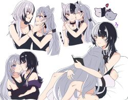  2girls :q animal_ears black_choker black_hair black_tank_top blue_eyes book breasts cat_ears cat_tail choker cleavage cone_hair_bun double_bun grey_hair hair_bun heart highres holding holding_book hololive hololive_english hololive_indonesia hug jacket medium_breasts multicolored_hair multiple_girls multiple_views purple_jacket shiori_novella soraha_123 split-color_hair tail tank_top tongue tongue_out two-tone_hair vestia_zeta virtual_youtuber yellow_eyes yuri 