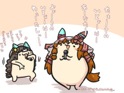  :d animal_ears beret blush_stickers bow braid brown_background brown_hair goma_(gomasamune) hair_bobbles hair_ornament hairbow hat highres hokko_tarumae_(umamusume) holding holding_microphone horse_ears horse_tail long_hair low_twintails microphone multicolored_hair shadow smile standing star_(symbol) star_hair_ornament still_in_love_(umamusume) striped_bow tail translation_request twin_braids twintails twitter_username two-tone_background two-tone_hair umamusume veil very_long_hair white_background white_hair white_hat 