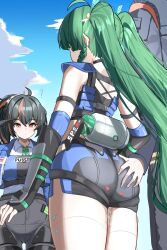  1boy 2girls after_sex android black_hair black_shorts blue_jacket braided_sidelock checkered_necktie clothed_after_sex collared_shirt crop_top cum cumdrip fahufahu grabbing_another&#039;s_ass green_hair groping hairband high-waist_pants highres jacket long_hair metal_hairband multicolored_hair multiple_girls necktie outdoors pants police police_badge police_uniform policewoman ponytail qingyi_(zenless_zone_zero) red_streaks shirt short_shorts shorts sphere_hair_ornament streaked_hair tight_clothes tight_pants twintails white_shirt wise_(zenless_zone_zero) zenless_zone_zero zhu_yuan 