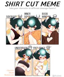  anthro blue_body blue_hair blush clothed clothing ear_piercing eyelashes female female_anthro front_view gauged_ear glistening glistening_eyes hair hi_res licking licking_lips licking_own_lips meme multiple_images nude orange_eyes piercing shirt_cut_meme short_hair solo sonyan tongue tongue_out white_body yellow_body 