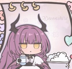  :t artist_name azur_lane bat_wings black_bow black_dress black_horns bottle bow breasts character_name chibi chibi_only commentary demon_horns devonshire_(azur_lane) dress female framed_breasts futaba_(anti_clockwise) holding holding_bottle horns large_breasts looking_at_viewer low_wings purple_hair sleeves_past_fingers sleeves_past_wrists solo symbol-only_commentary wings yellow_eyes 