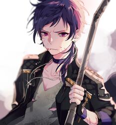  1boy aged_down artist_request bad_id bad_link bad_twitter_id black_gloves blue_hair choker crowbar dark_blue_hair ear_piercing earrings ensemble_stars! fingerless_gloves fushimi_yuzuru gang_(ensemble_stars!) gloves hand_up highres hoop_earrings jacket jewelry leather leather_jacket long_hair long_sleeves male_focus mole open_clothes open_jacket piercing ponytail purple_eyes shirt short_bangs source_request spoilers torn_clothes torn_shirt upper_body 