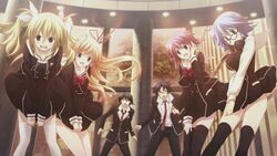  2boys 4girls :d arimura_hinae belt black_dress black_jacket black_legwear black_pants blue_hair blush bow bowtie chaos;child clothes_lift dress dress_lift dress_tug floating_hair glasses hair_ribbon hand_in_own_hair headphones headphones_around_neck highres jacket kazuki_hana kurusu_nono light_brown_hair long_hair looking_down miyashiro_takuru multiple_boys multiple_girls necktie onoe_serika open_mouth outdoors pants pink_hair purple_eyes red_bow red_bowtie red_eyes red_necktie red_ribbon ribbon sasaki_mutsumi school_uniform shirt short_dress short_hair sidelocks smile standing thighhighs twintails very_long_hair white_legwear white_ribbon white_shirt wind wind_lift zettai_ryouiki 