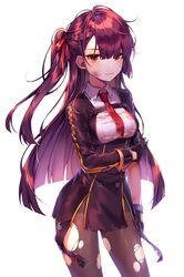  absurdres bad_id bad_twitter_id black_pantyhose black_skirt blazer bleeding blood blush braid breasts bruise buttons closed_mouth collared_shirt commentary cowboy_shot damaged double-breasted female french_braid girls&#039;_frontline gloves ha_youn hair_ribbon half_updo high-waist_skirt highres holding_own_arm injury jacket large_breasts long_hair looking_at_viewer necktie one_side_up pantyhose pelvic_curtain purple_hair red_eyes red_necktie red_ribbon ribbon shirt sidelocks simple_background skirt solo strap thighband_pantyhose torn_clothes tsurime very_long_hair wa2000_(girls&#039;_frontline) white_background white_shirt 