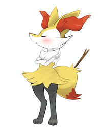  a.k.o.t. anthro big_ears blush braixen canid canine closed_eyes crossed_arms fox fur generation_6_pokemon hi_res mammal nintendo paws pokemon pokemon_(species) simple_background solo stick tsundere white_background yellow_body yellow_fur 