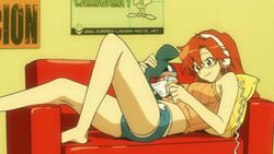  animated animated barefoot boyshorts female glasses headphone legs long_hair lying magazine red_hair tengen_toppa_gurren_lagann yoko_littner 