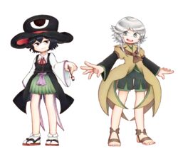  2others androgynous black_hair bow brown_coat brush chikafumikou coat commentary_request detached_sleeves enraku_tsubakura geta grey_eyes hat highres houlen_yabusame large_hat len&#039;en multiple_others open_mouth other_focus red_ribbon ribbon sandals short_hair short_hair_with_long_locks shorts smile tabi top_hat white_hair 