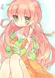  bad_id bad_pixiv_id dress embarrassed female green_eyes holding holding_own_hair jinrui_wa_suitai_shimashita long_hair long_sleeves nekoto_rina pink_hair solo watashi_(jintai) 