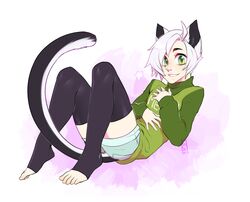  2017 animal_humanoid avoid_posting bottomwear cat_humanoid cat_tail clothing enjoipandas felid felid_humanoid feline feline_humanoid green_eyes hair hi_res human humanoid legwear male mammal mammal_humanoid proby shorts solo thigh_highs white_hair 