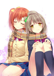  2girls bent_knees closed_eyes duo female high_socks kousaka_honoka love_live!_school_idol_project minami_kotori multiple_girls natsuki_shuri scarf school_uniform shared_scarf side_ponytail sitting smile socks uniform yuri 