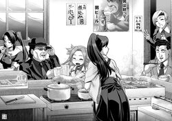  2boys 4girls alcohol beer beer_mug blush buntaichou chitose_(kancolle) closed_eyes commentary_request crossover cup cutting_board drunk fedora food food_request formal greyscale hair_intakes hat houshou_(kancolle) indoors inogashira_gorou japanese_clothes jun&#039;you_(kancolle) kantai_collection knife kodoku_no_gourmet long_hair meatball monochrome mug multiple_boys multiple_girls nachi_(kancolle) parody restaurant rice short_hair side_ponytail sitting standing stove suit translation_request twintails very_long_hair window 