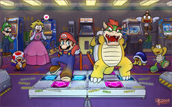  ambiguous_gender anthro arcade bemani better_version_at_source blonde_hair blue_eyes bowser buzzy_beetle capcom claws clothing dance_dance_revolution dancing donkey_kong_(series) facial_hair female flying goomba group hair hat headgear headwear heart_symbol horn human ken konami koopa luigi male mammal mario mario_bros moustache nintendo pac-man_(series) princess_peach reptile royalty ryu_(disambiguation) scalie space_invaders square_enix standing street_fighter taito teeth text thebourgyman toad_(mario) turtle wings 