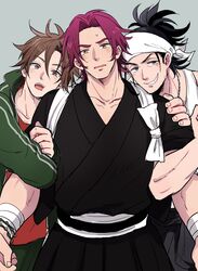  3boys 50yen_(gojiue) arm_hug bandana black_hair boy_sandwich brown_eyes brown_hair commentary_request facial_hair grey_eyes grin japanese_clothes long_sideburns male_focus md5_mismatch multiple_boys nihongou_(touken_ranbu) open_mouth otegine red_hair sandwiched sideburns smile stubble tonbokiri_(touken_ranbu) touken_ranbu yellow_eyes 