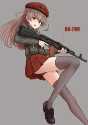  :d ak-74m assault_rifle beret black_footwear brown_hair bulletproof_vest commentary_request female grey_background grey_panties grey_thighhighs gun hair_between_eyes hammer_and_sickle hat highres kalashnikov_rifle knee_up loafers long_hair long_sleeves looking_at_viewer miniskirt miyako_(yakob_labo) open_mouth original panties pleated_skirt red_hat red_skirt rifle shoes simple_background skirt smile solo thick_eyebrows thighhighs thighs trigger_discipline underwear upskirt v-shaped_eyebrows weapon yakob_labo 