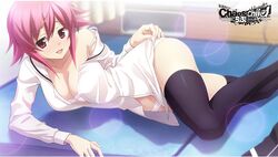  ;d black_thighhighs bow bra breasts chaos;child cleavage collarbone copyright_name female game_cg hairbow indoors large_breasts lens_flare looking_at_viewer lying off_shoulder official_art on_side one_eye_closed onoe_serika open_clothes open_mouth open_shirt panties pink_hair red_eyes sasaki_mutsumi shirt sidelocks smile solo thighhighs underwear white_bra white_panties white_shirt 