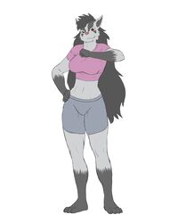  2012 4:5 anthro anthrofied barefoot biped black_hair bottomwear clothing crop_top digital_media_(artwork) feet female front_view full-length_portrait fur generation_3_pokemon grey_body grey_fur hair hand_on_hip hi_res jindragowolf long_hair midriff mightyena navel nintendo pokemon pokemon_(species) portrait red_eyes shirt shorts simple_background solo standing topwear white_background 