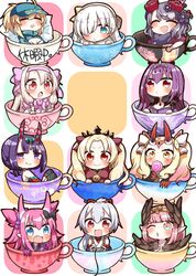  &gt;:) 6+girls :d :o =_= ^_^ absurdres ahoge ainu_clothes anastasia_(fate) artoria_pendragon_(fate) baseball_cap bikini bikini_top_only black_bow black_thighhighs blonde_hair blue_eyes blue_hat blush bow brown_eyes brown_wings candy chibi circe_(fate) cloak closed_eyes closed_mouth commentary_request controller covered_mouth cup dragon_horns dress earrings elizabeth_bathory_(fate) elizabeth_bathory_(japan)_(fate) ereshkigal_(fate) facial_mark fate/extra fate/grand_order fate_(series) feathered_wings food forehead_mark fur_collar game_controller grey_hair hair_between_eyes hair_over_one_eye hair_ribbon hair_through_headwear hair_tubes hairband hairbow hat head_wings headpiece heart high_ponytail highres holding holding_food horns ibaraki_douji_(fate) ibaraki_douji_(swimsuit_lancer)_(fate) ibaraki_douji_(swimsuit_lancer)_(third_ascension)_(fate) illyasviel_von_einzbern in_container in_cup infinity_symbol jako_(jakoo21) japanese_clothes jewelry katsushika_hokusai_(fate) kimono lollipop long_hair looking_at_viewer mini_person minigirl multicolored_hair multiple_girls mysterious_heroine_xx_(fate) oerba_yun_fang official_alternate_costume one_eye_closed oni open_mouth parted_bangs parted_lips pink_bow pink_hair pink_hairband pointy_ears ponytail purple_dress purple_eyes purple_hair purple_kimono red_bow red_cloak red_eyes red_ribbon ribbon scathach_(fate) scathach_skadi_(fate) short_eyebrows shuten_douji_(fate) shuten_douji_(halloween_caster)_(fate) sitonai_(fate) skin-covered_horns skull sleeping sleeveless sleeveless_kimono smile snowflake_print sparkle star_(symbol) streaked_hair swimsuit swirl_lollipop teacup thick_eyebrows thighhighs tiara tomoe_gozen_(fate) twintails two_side_up v-shaped_eyebrows white_bikini white_bow white_hair white_kimono wings 