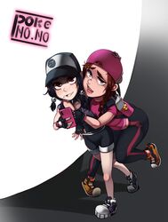  2girls aged_down arm_around_neck ashley_(shadman) ass backpack backwards_hat bag baseball_cap bike_shorts black_hair blue_eyes borrowed_design bracelet braces braid cellphone collar commentary english_commentary eyeliner female_protagonist_(pokemon_go) fiona_(shadman) flat_chest freckles full_body hat highres hug jewelry lolicon looking_at_viewer makeup missing_tooth mole mole_under_mouth multiple_girls nail_polish pale_skin pants phone pokemon pokemon_go polyle red_eyes shirt shoes smartphone sneakers spiked_collar spikes t-shirt thick_eyebrows twin_braids yoga_pants 