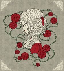  ascot bloodborne border brooch character_request commentary curly_hair eleanor_(ohmyeleanor) english_commentary eyelashes female flower from_side grey_background hair_ribbon jewelry lace lace_border limited_palette lips lipstick mackintosh_rose makeup medium_hair necklace ornate_border patterned_background plant red_flower red_ribbon red_rose ribbon rose solo thorns upper_body vines 