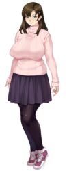  aqua_eyes bangs blue_eyes blush breasts brown_hair closed_mouth daremo_ga_kanojo_wo_neratteru feet female full_body game_cg highres huge_breasts legs long_hair long_image long_sleeves looking_at_viewer orcsoft orushibu pantyhose pink_sweater purple_skirt simple_background skirt smile sneakers solo standing sweater thighs transparent_background turtleneck turtleneck_sweater 