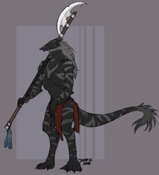  2015 abstract_background anthro bardiche black_body black_fur bottomwear claws clothing erick_black fur glaive grey_hair hair hi_res joopis loincloth male mammal melee_weapon monochrome polearm sergal simple_background solo stripes tail toe_claws weapon 