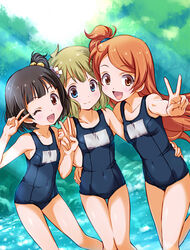  3girls black_hair blue_eyes blue_one-piece_swimsuit brown_eyes brown_hair commentary_request covered_navel day hair_bobbles hair_ornament hand_on_another&#039;s_hip idolmaster idolmaster_million_live! light_rays long_hair looking_at_viewer mercy_rabbit multiple_girls nakatani_iku name_tag ogami_tamaki one-piece_swimsuit one_eye_closed one_side_up open_mouth orange_hair outdoors outstretched_arm photoshop_(medium) school_swimsuit short_hair smile suou_momoko swept_bangs swimsuit thigh_gap tint_me_(idolmaster) v water 