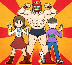  2boys bad_id bad_twitter_id blue_ribbon braid brothers brown_hair chorus_man commentary_request female flexing freckles heart heart_in_mouth jyushimatsu&#039;s_girlfriend long_skirt luchador_mask matsu_symbol matsuno_ichimatsu matsuno_jyushimatsu microphone minna_no_rhythm_tengoku multiple_boys muscular osomatsu-kun osomatsu-san osomatsu_(series) parody pose rhythm_tengoku ribbon sandals show_chiku-by siblings skirt style_parody sunburst sunburst_background wrestling_outfit 