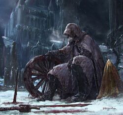  1boy blood blood_on_snow blood_on_weapon bloodborne blurry boots breath building cloak cold commentary_request courtyard depth_of_field dragonizm full_body hidden_face hunter_(bloodborne) icicle ivy logarius_wheel male_focus night signature sitting snow solo statue sword traffic_cone weapon wheel 