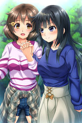  2girls black_hair blue_shirt brown_eyes brown_hair casual clothes_around_waist commentary_request denim denim_shorts hair_ornament hairclip hibike!_euphonium highres holding_hands jacket jacket_around_waist kousaka_reina long_hair long_skirt multiple_girls noshimasa oumae_kumiko photoshop_(medium) purple_eyes shirt short_hair shorts skirt striped_clothes striped_shirt white_skirt yuri 