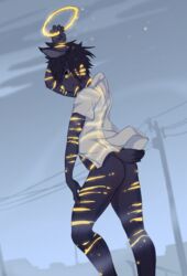  anthro ass better_version_at_source bottomless city closed_(disambiguation) clothed clothing detailed_background felid fruitbloodmilkshake halo hi_res looking_at_viewer looking_back male mammal outside rad_(notsorad) solo standing yellow_eyes yellow_nose 