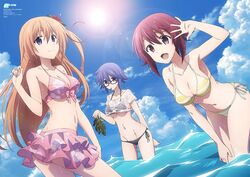  3girls :d arm_up armpits bad_link bikini bikini_skirt black_bikini blue_eyes blue_hair bow breasts brown_eyes candy chaos;child cleavage cloud cloudy_sky collarbone crop_top day floating_hair flower food groin hair_flower hair_ornament hairbow hand_on_own_leg hibiscus holding kazuki_hana kurusu_nono layered_skirt leaning_forward lens_flare light_brown_hair lollipop long_hair medium_breasts multiple_girls navel ocean official_art onoe_serika open_mouth outdoors pink_bikini pink_skirt purple_eyes red_flower red_hair see-through shirt side-tie_bikini_bottom sideboob sidelocks skirt sky smile striped_bikini striped_clothes sun swimsuit very_long_hair wading water wet white_shirt yellow_bikini 