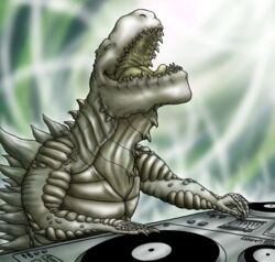  2010 claws closed_eyes disc disc_jockey english_text feral godzilla_(series) green_tongue grey_body grey_scales humor kalnareff open_mouth record_player reptile scales scalie smile solo spikes teeth text toho tongue turntable_(decks) zilla 