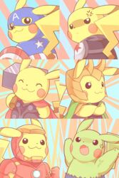  :3 anger_vein armor bad_id bad_pixiv_id captain_america captain_america_(cosplay) clothes_writing cosplay hammer helmet highres hulk hulk_(cosplay) iron_man iron_man_(cosplay) kyabetsu_(xkxkinoloveaph) loki_(marvel) loki_(marvel)_(cosplay) marvel no_humans pikachu pokemon pokemon_(creature) power_armor shield striped striped_background tail thor_(marvel) thor_(marvel)_(cosplay) v-shaped_eyebrows veins winter_soldier winter_soldier_(cosplay) 