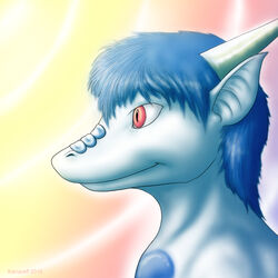  1:1 2010 anthro blue_body blue_hair blue_scales cloud dragon hair horn kalnareff male mythological_creature mythological_scalie mythology nude outside pupils red_eyes scales scalie side_view sky slit_pupils smile solo 