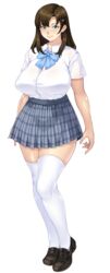  aqua_eyes bangs black_shoes blue_eyes blush bowtie breasts brown_hair closed_mouth collared_shirt daremo_ga_kanojo_wo_neratteru feet female full_body game_cg highres huge_breasts legs long_hair long_image looking_at_viewer orcsoft orushibu plaid_skirt school_uniform shoes short_sleeves simple_background skirt smile solo standing thighhighs thighs transparent_background white_legwear white_shirt zettai_ryouiki 