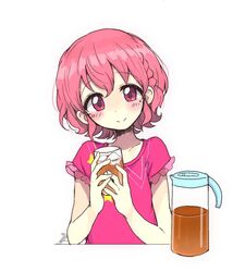  1boy blush braid commentary_request ice ice_cube iced_tea looking_at_viewer male_focus mole mole_under_eye motsuaki open_mouth otoko_no_ko pink_eyes pink_hair pretty_series pripara reona_west short_hair smile solo tea 