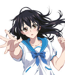  armpit_peek bad_id bad_pixiv_id black_hair blush bow bowtie brown_eyes female himeragi_yukina inui_sanagi long_hair looking_at_viewer photoshop_(medium) reaching reaching_towards_viewer saikai_academy_school_uniform school_uniform serafuku simple_background solo strike_the_blood up_sleeve white_background 