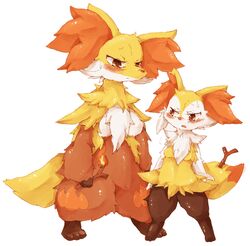  anthro braixen breast_size_difference breasts brown_eyes canid canine delphox duo female fur generation_6_pokemon inner_ear_fluff kemono mammal nintendo orange_body orange_fur pokemon pokemon_(species) red_eyes small_breasts tuft wahitouppe 