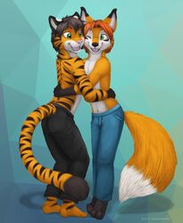  2016 anthro canid canine clothed clothing digital_media_(artwork) digital_painting_(artwork) duo felid fox fur green_eyes hair hi_res hug james_fox jamesfoxbr male mammal orange_body orange_fur pantherine saba shaded simple_background smile standing stripes teeth tiger tongue topless 