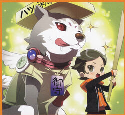  atlus brown_eyes brown_hair canid canine canis chibi domestic_dog duo hair human japanese_text ken_amada koromaru male mammal megami_tensei megami_tensei_persona persona_(series) persona_3 red_eyes sega shiba_inu spitz text translation_request unknown_artist 