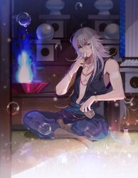  1boy alcohol bad_id bad_pixiv_id blue_eyes bottle fire indian_style lloule long_hair male_focus nagi_no_asukara sake sitting solo uroko_(nagi_no_asukara) white_hair 