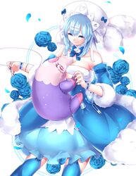  altaria bad_id bad_pixiv_id bare_shoulders blue_dress blue_flower blue_hair blue_legwear blue_nails blue_rose bracelet breast_hold breasts cleavage closed_eyes detached_sleeves dress female flower hair_ornament hairclip hat holding holding_needle jewelry large_breasts musharna nail_polish needle personification pokemon pokemon_(creature) rose shikkoku_neko smile stitches 